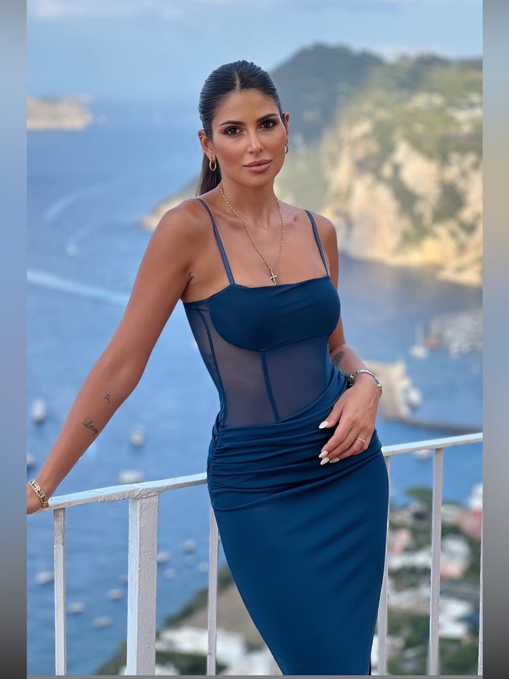 Zara Navy Sheer-Panel Midi Dress with Spaghetti Straps - Picture 2 of 7